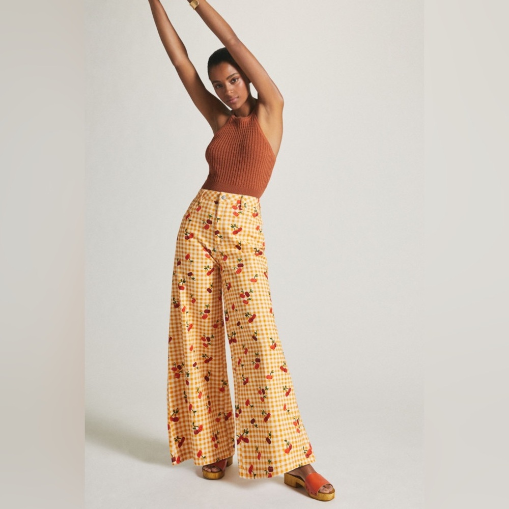 FARM Rio Yellow Gingham Cherry Wide-Leg Pants